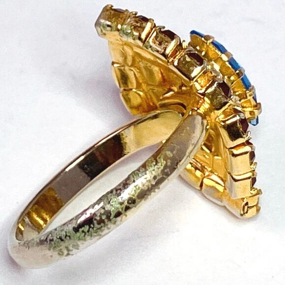 Vintage 60s 70s Cocktail Ring Gold Tone Blue Navette Red Rhinestone Statement - Picture 6 of 13